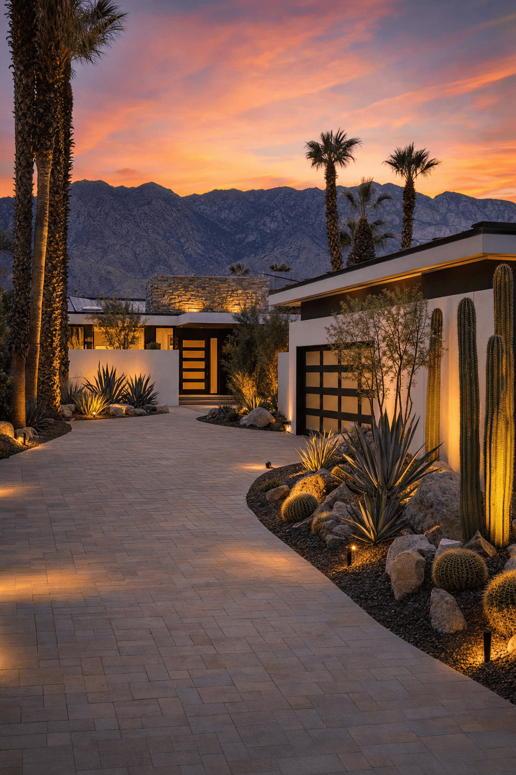 Elegant Palm Desert paver driveway and front yard landscape with modern hardscaping, desert plants, and evening lighting