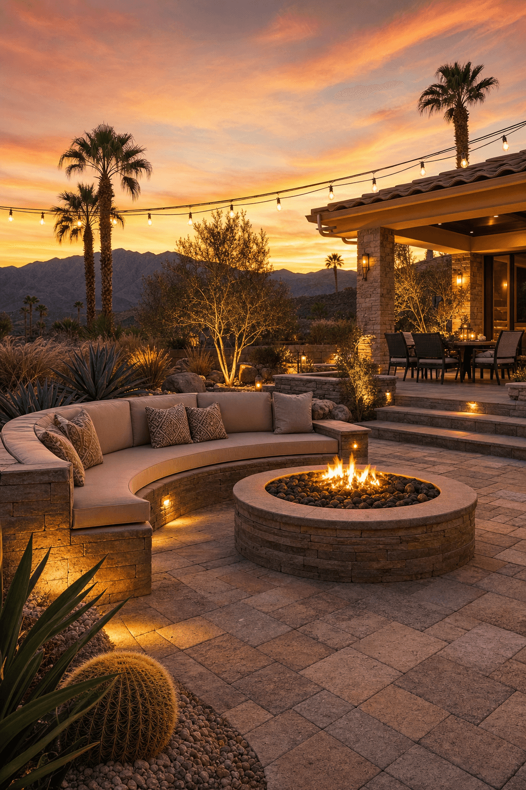 Luxury outdoor patio with pavers, fire pit, and desert sunset in Palm Desert CA - Instagram post for Pavers Pavers Pavers
