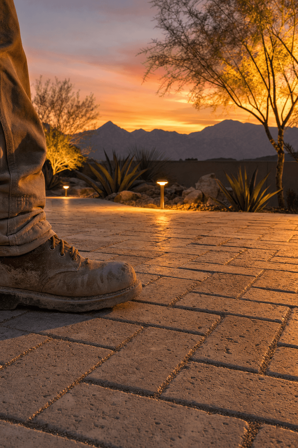 Close-up of a dusty work boot resting on freshly laid herringbone travertine pavers at golden hour, with desert mountains silhouetted in the background and warm path lights beginning to glow.