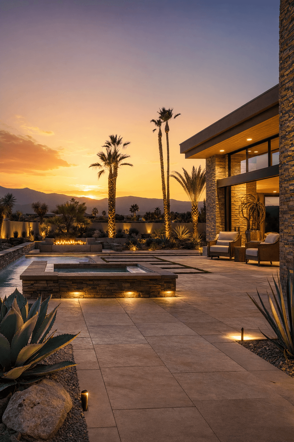 Luxury desert backyard patio with custom stone pavers, landscape lighting, and native plants at golden hour in Palm Desert