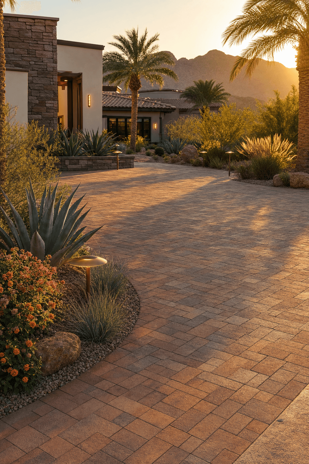 Luxury paver patio and driveway installation in Palm Desert at golden hour, with integrated landscape lighting and desert-appropriate plantings.