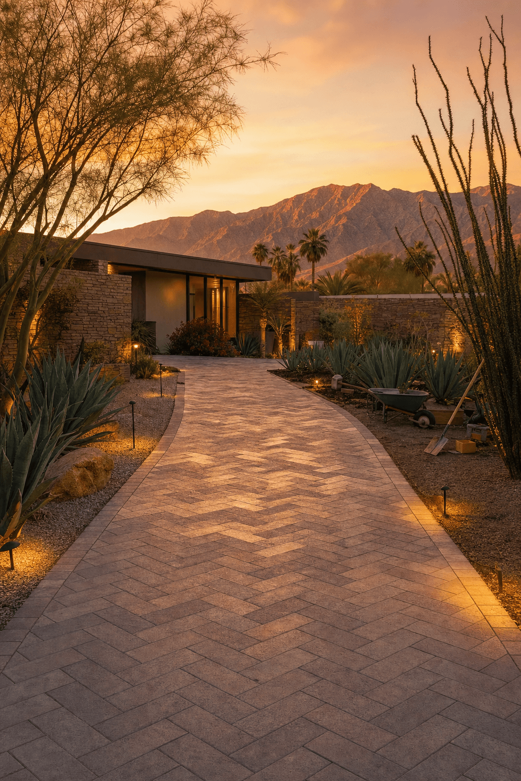 Golden hour at a newly installed travertine paver driveway in Palm Desert, with warm path lights glowing at dusk and the San Jacinto mountains silhouetted behind desert landscaping.