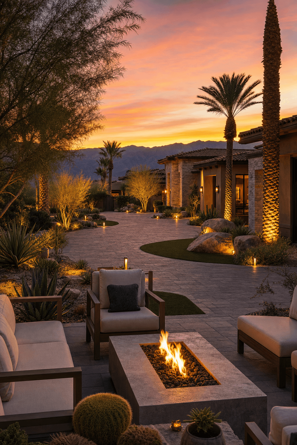 Luxurious desert outdoor living space with paver patio, stone driveway, outdoor lighting, and fire feature at dusk in Palm Desert