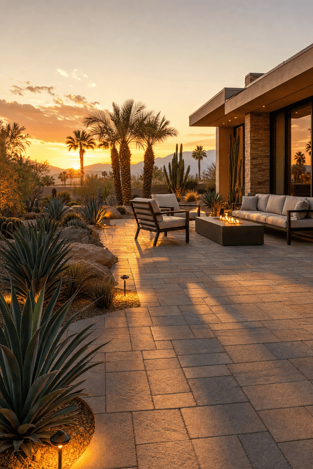 Desert modern backyard patio with interlocking pavers, drought-tolerant landscaping, and warm sunset lighting in Palm Desert