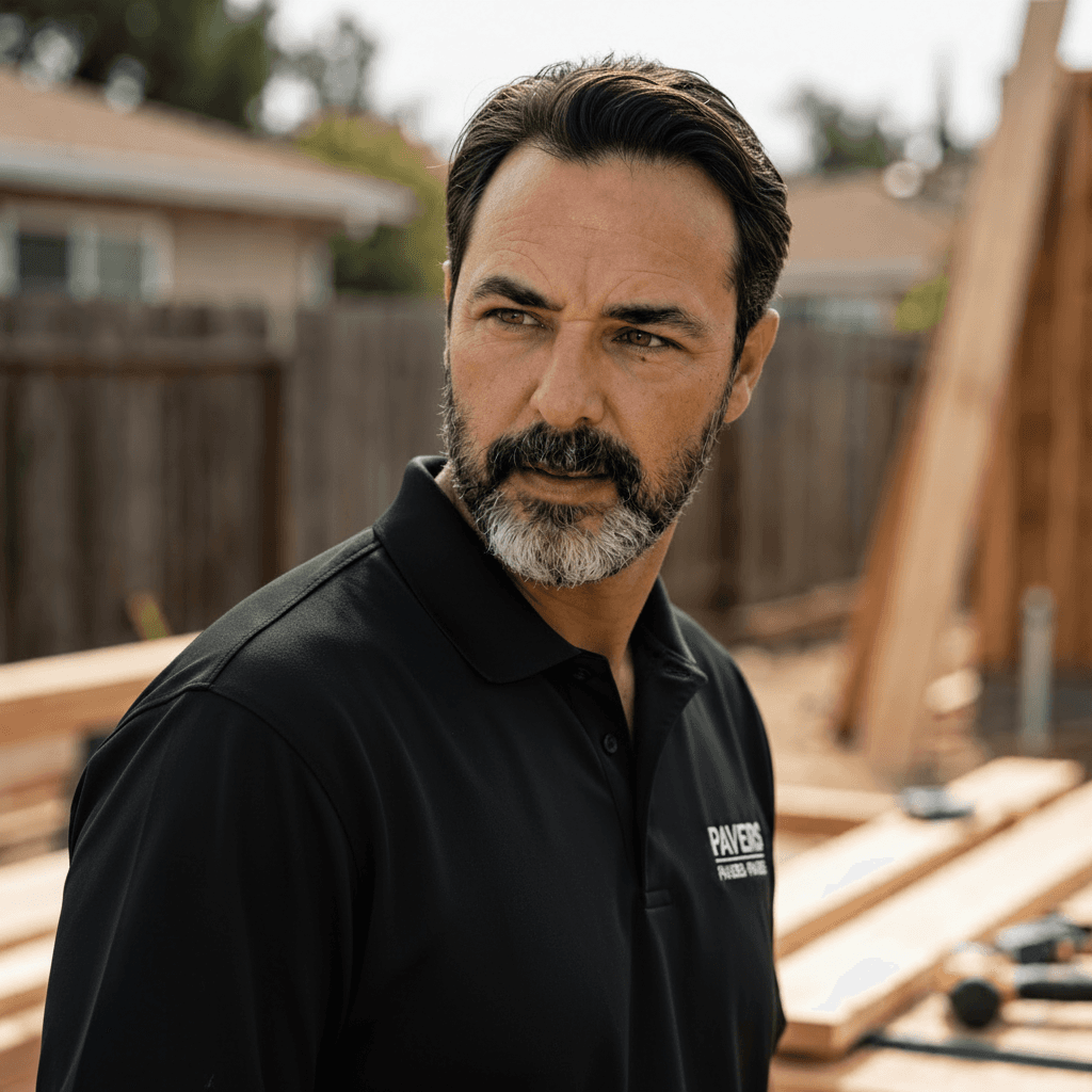 Bearded man wearing a black Pavers polo shirt at a sunny outdoor construction site.