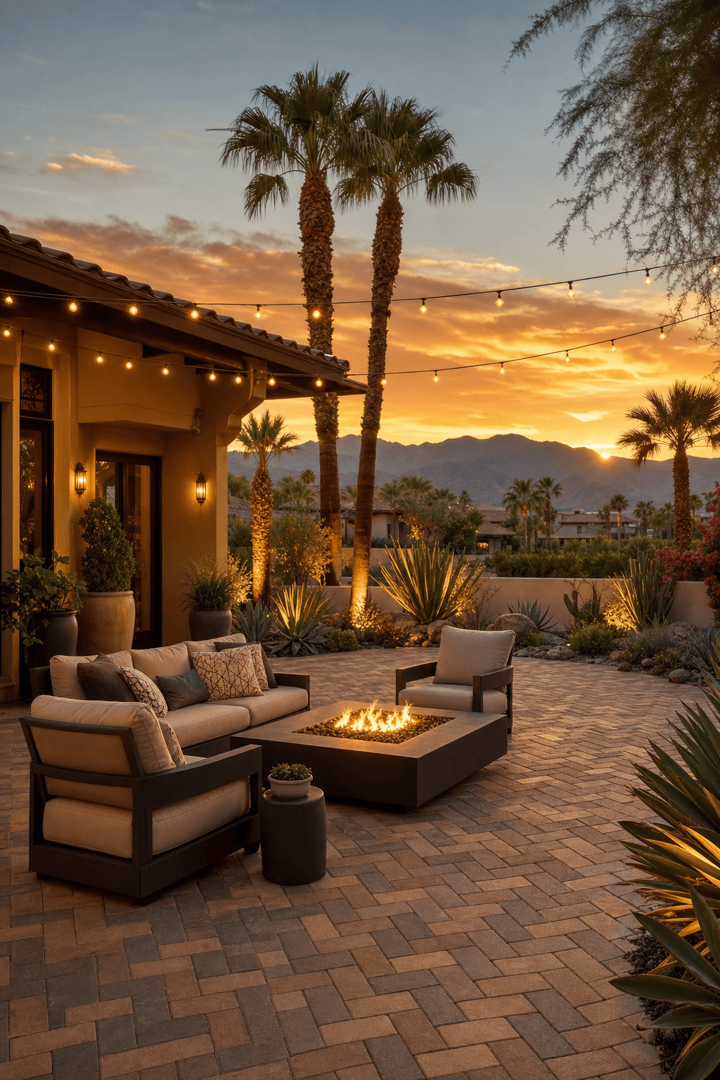Luxury paver patio in Palm Desert with fire pit, desert landscaping, and mountain views at golden hour