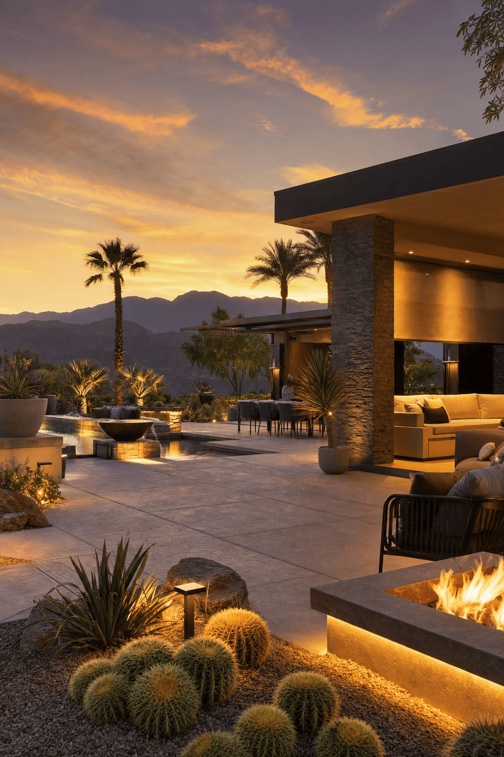 Luxury desert patio with pavers, custom lighting, and drought-tolerant landscaping at golden hour in Palm Desert, California