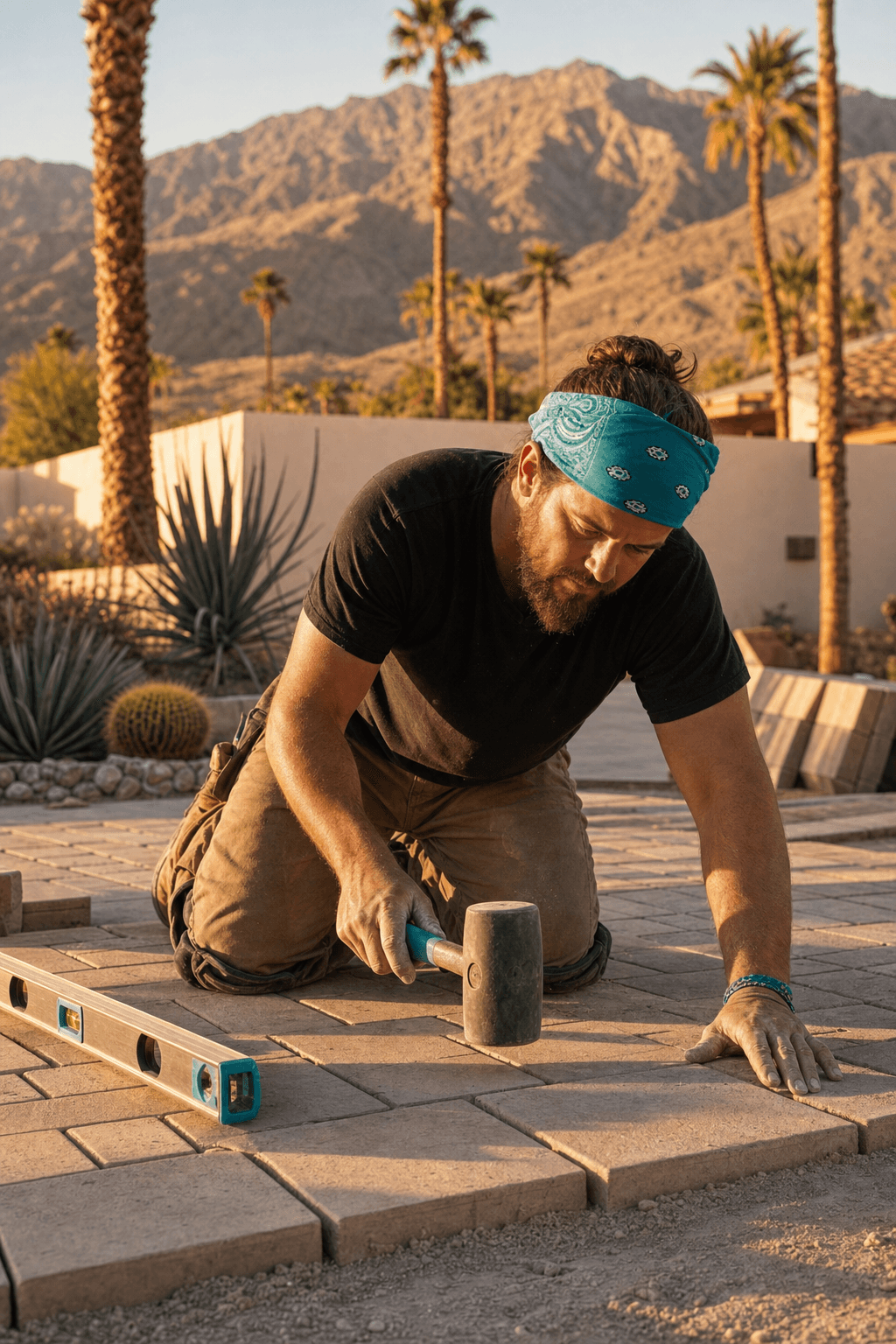 A hardscape craftsman carefully laying pavers at sunset in Palm Desert, with mountains and palm trees in the background — capturing the behind-the-scenes craftsmanship of Pavers Pavers Pavers.