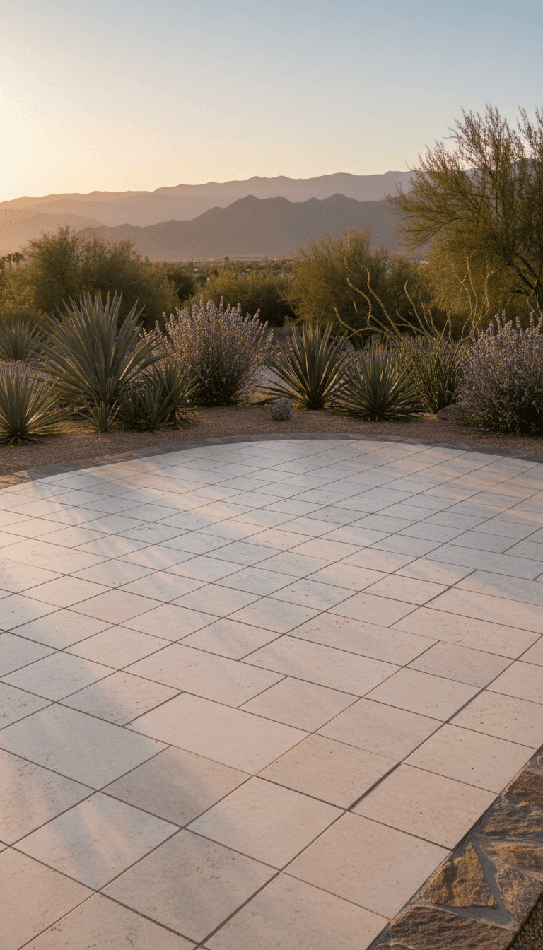 Newly installed travertine patio with desert landscaping