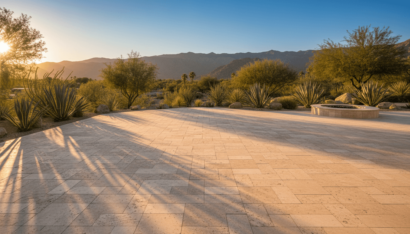 Travertine stone patio in Palm Desert with fire pit and desert landscaping