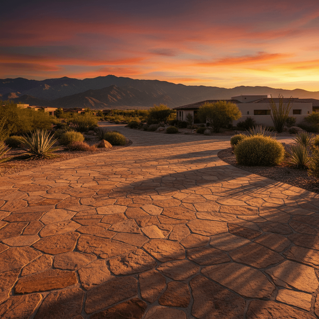 Curving paver driveway at golden hour in Palm Desert