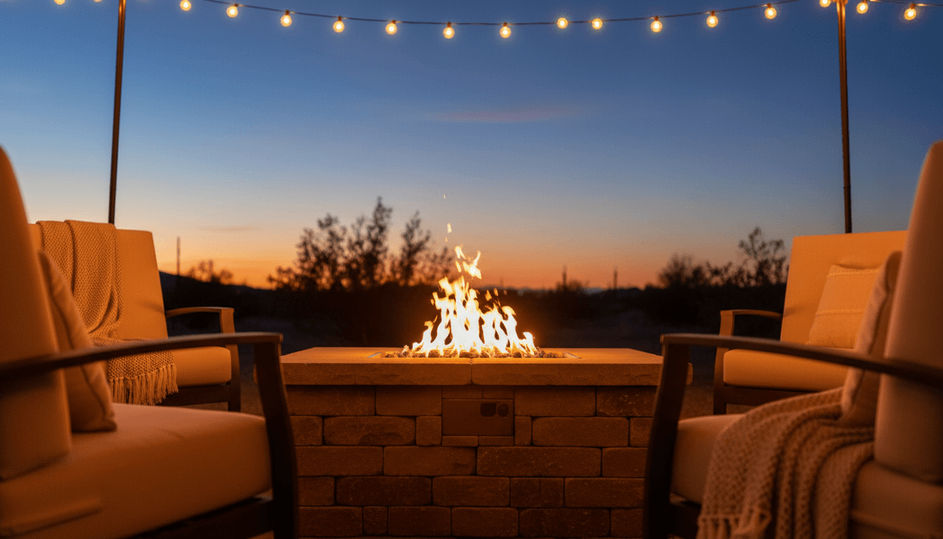 Close-up of a stone paver fire pit glowing in the evening