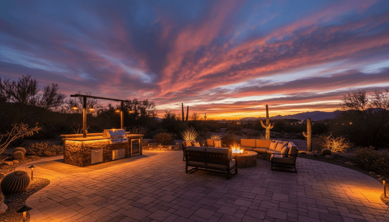 Desert evening backyard patio with pavers and outdoor kitchen under a dramatic dusk sky