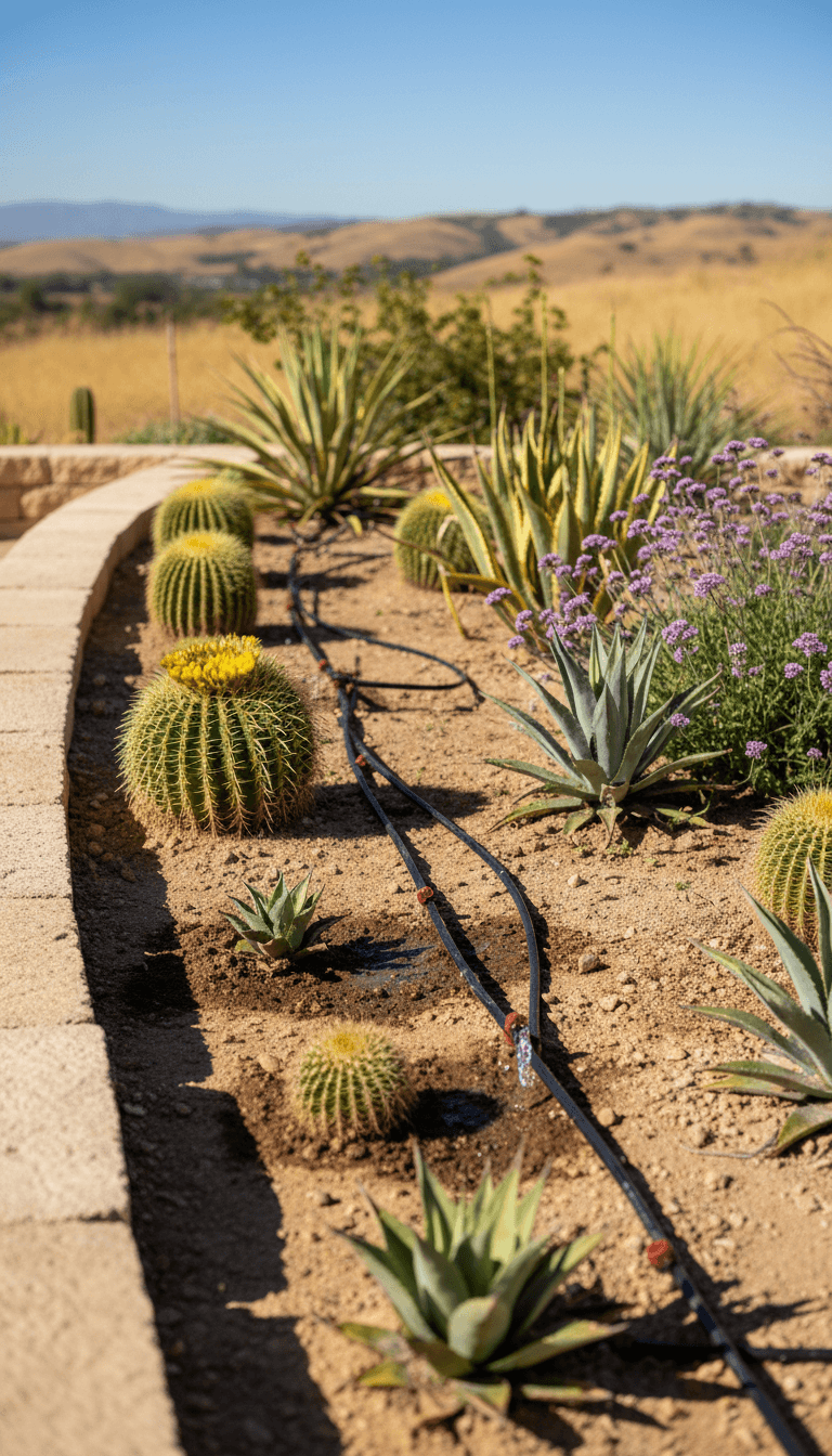 Drip irrigation system watering desert plants