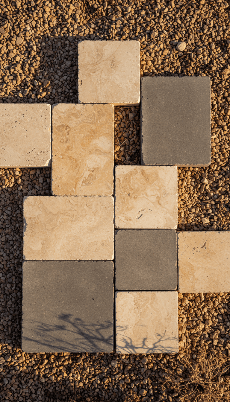 Travertine and concrete paver samples arranged on desert gravel