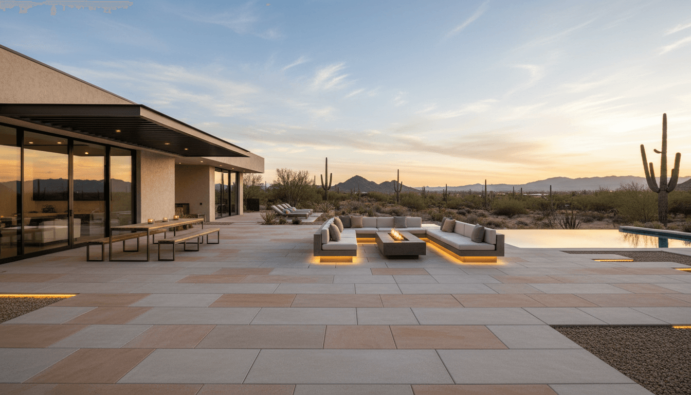 Large format 24x24 concrete pavers laid on a modern patio in the desert
