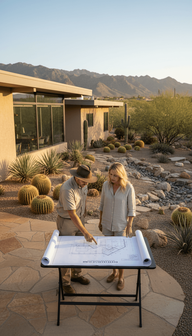 Landscaper reviewing gutter and drainage plans with a homeowner outside a desert house