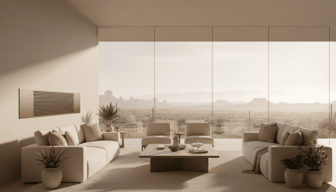 Bright modern living room in Palm Desert with a whole-home humidifier integrated into the wall