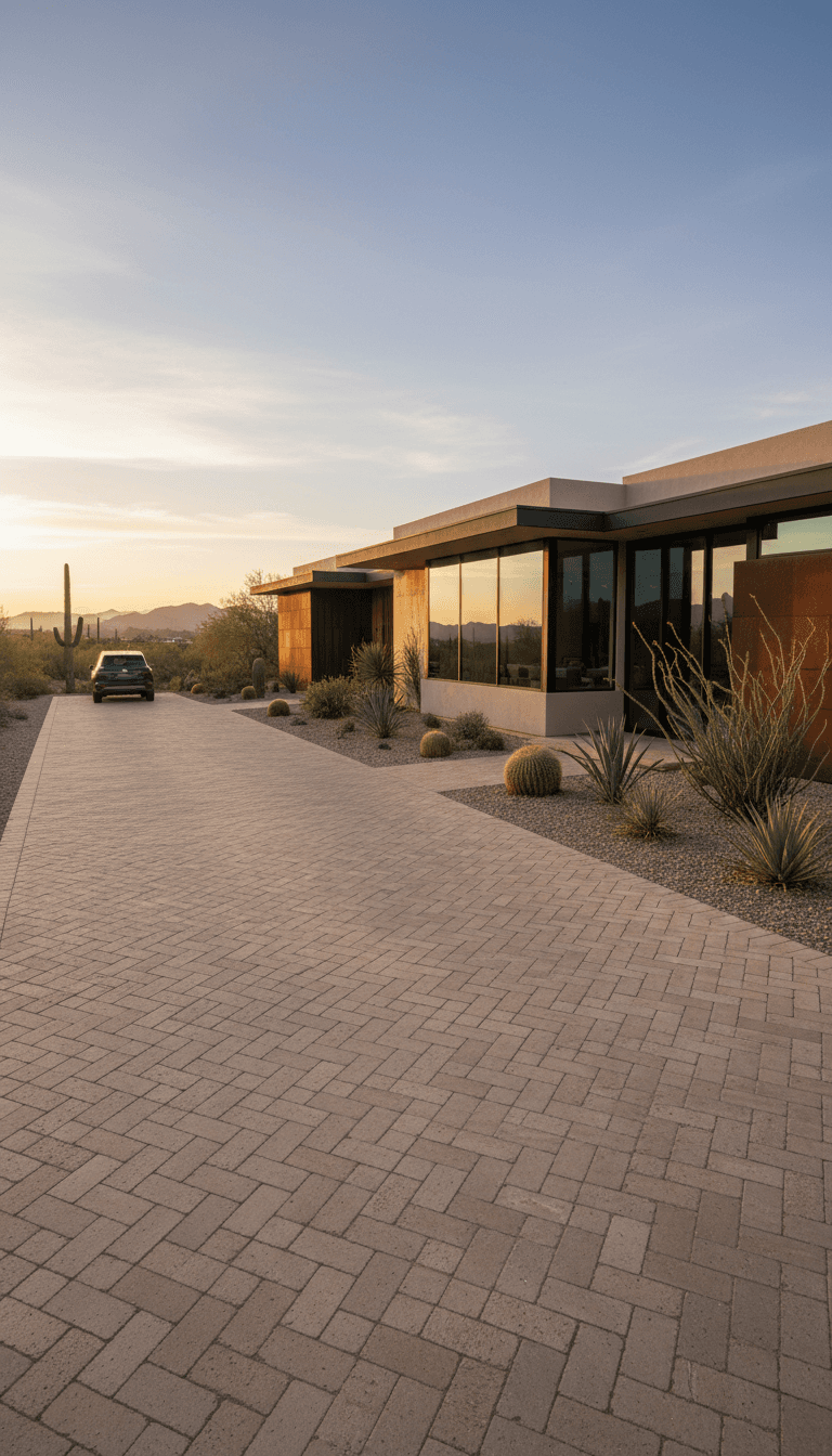 Herringbone paver driveway at a desert home