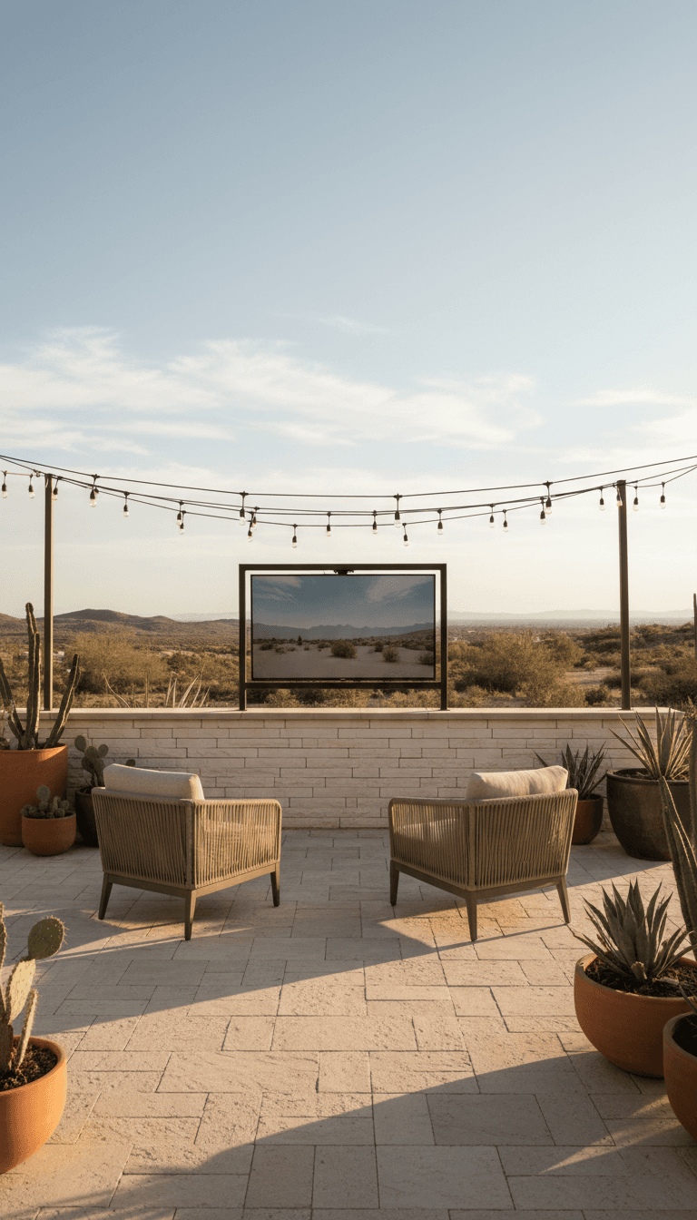 Outdoor TV wall with seating