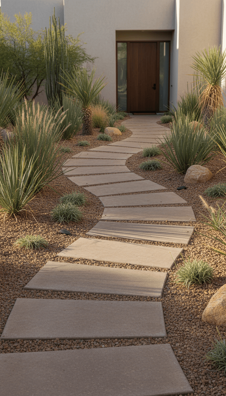 Permeable paver walkway through desert garden