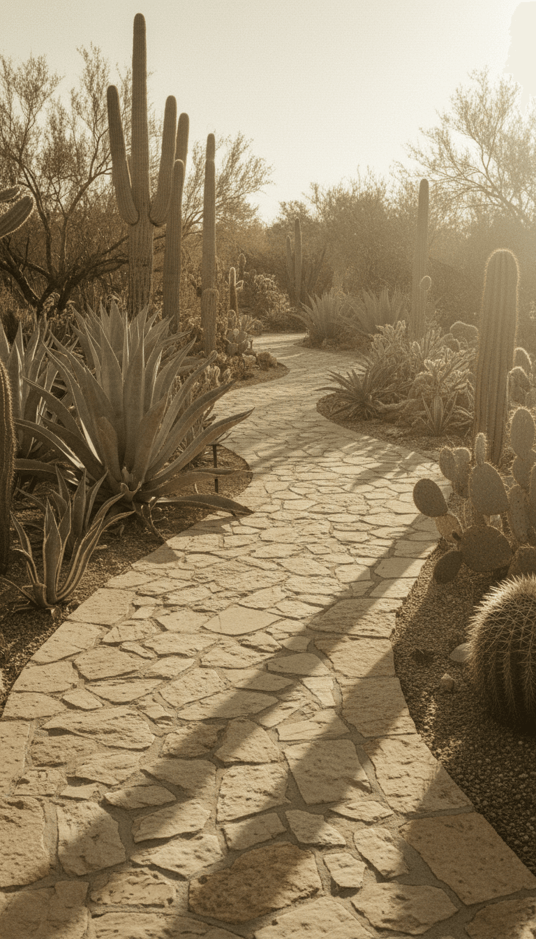Natural stone walkway through desert garden