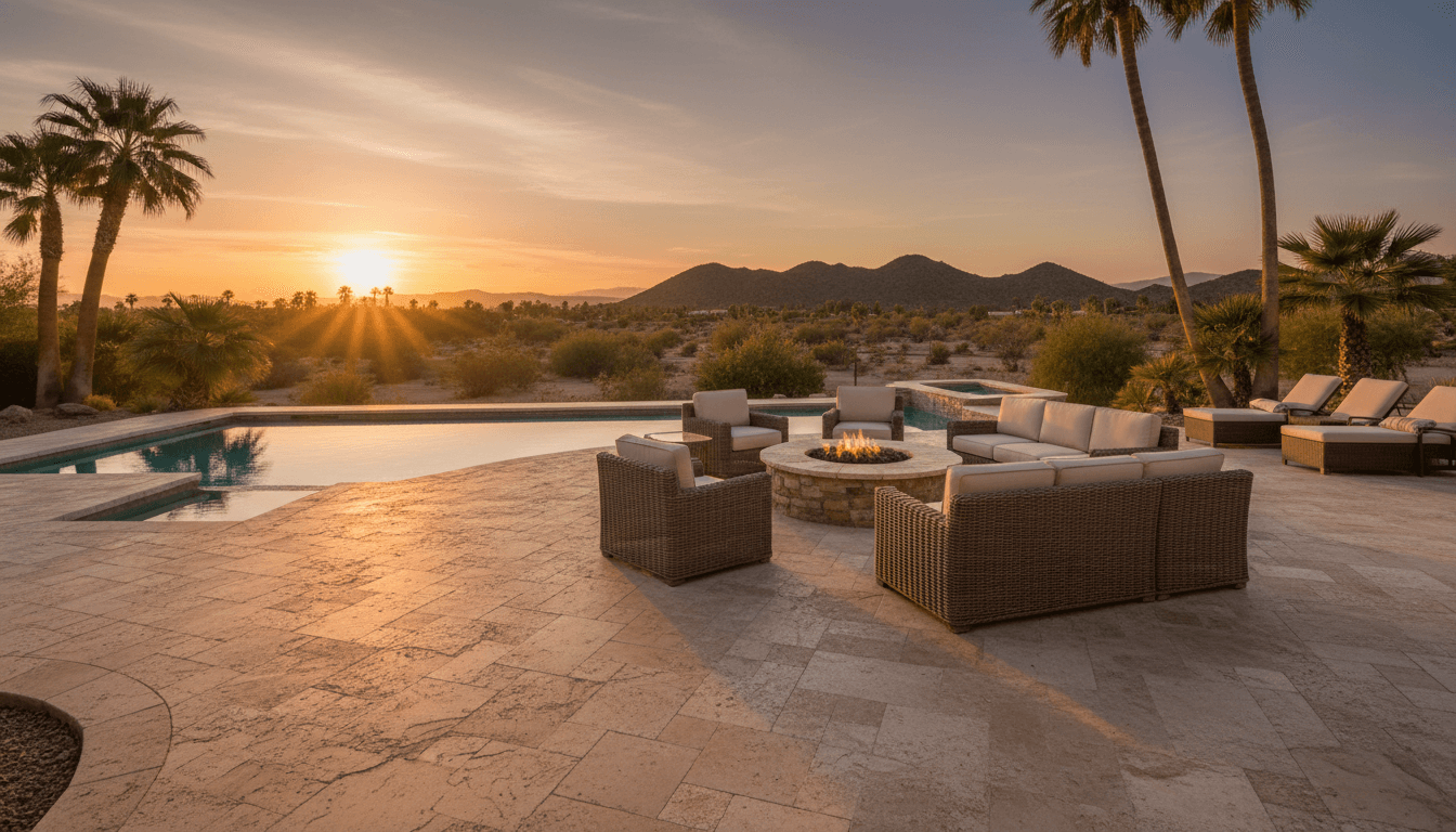 Travertine patio with built-in fire pit beside a pool at dusk