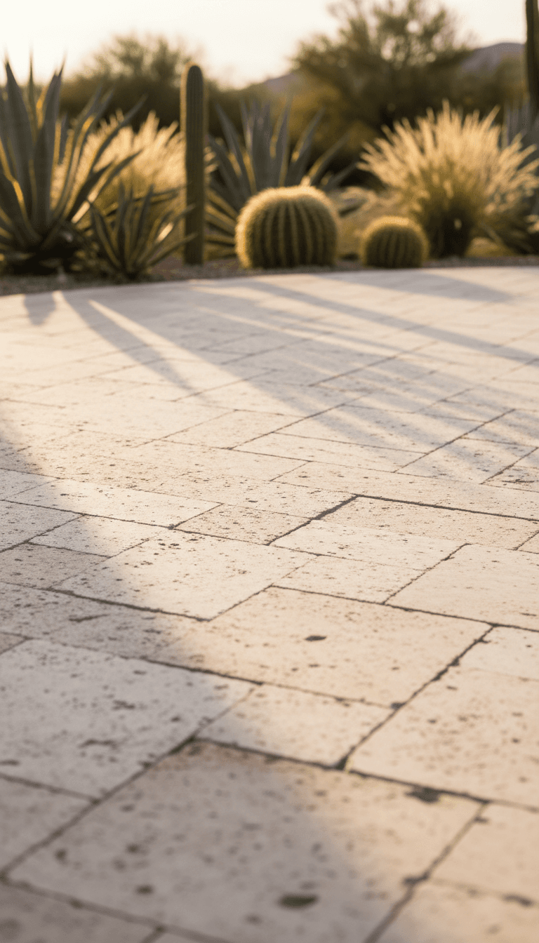 Travertine patio with natural stone pavers