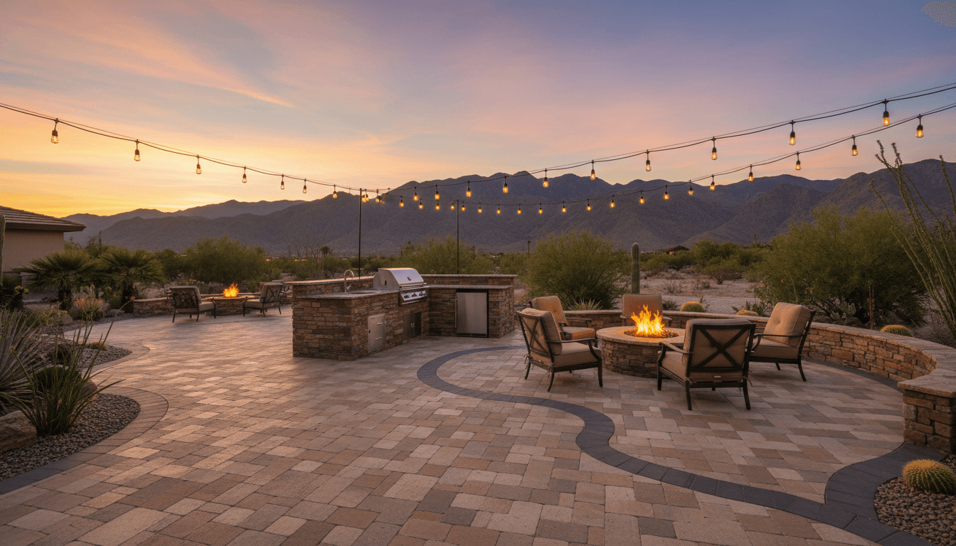 Paver patio with outdoor kitchen and fire pit in Palm Desert at dusk