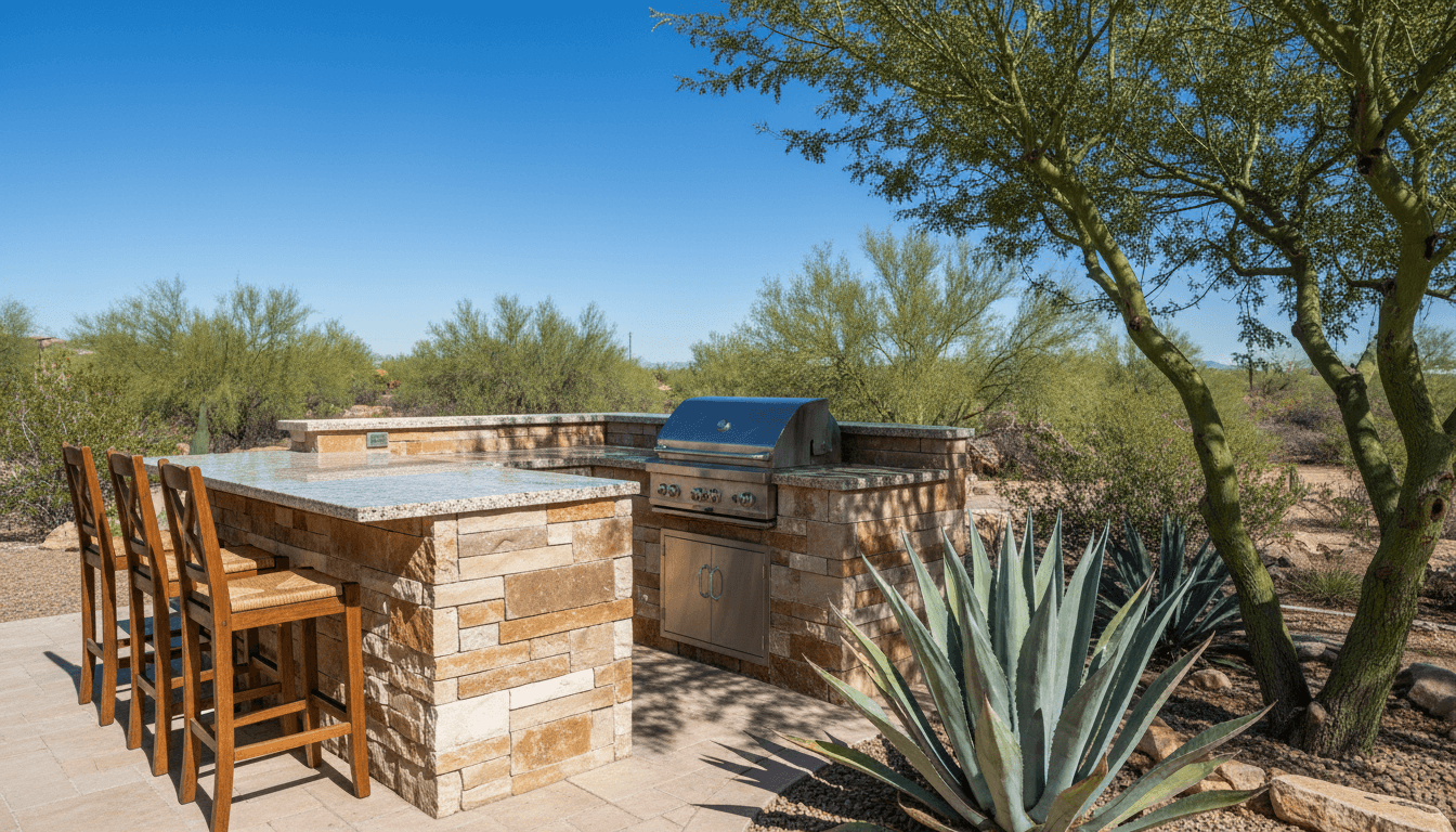 Outdoor kitchen with stone paver countertops and bar seating in daytime