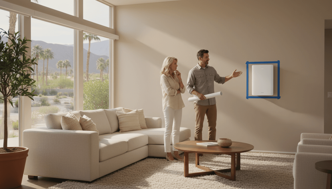 Technician giving a homeowner a walkthrough estimate in a bright Palm Desert living room