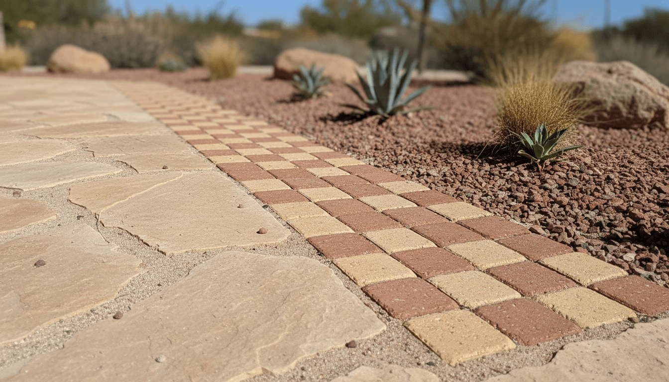 Small square pavers forming a border band in a completed desert patio installation