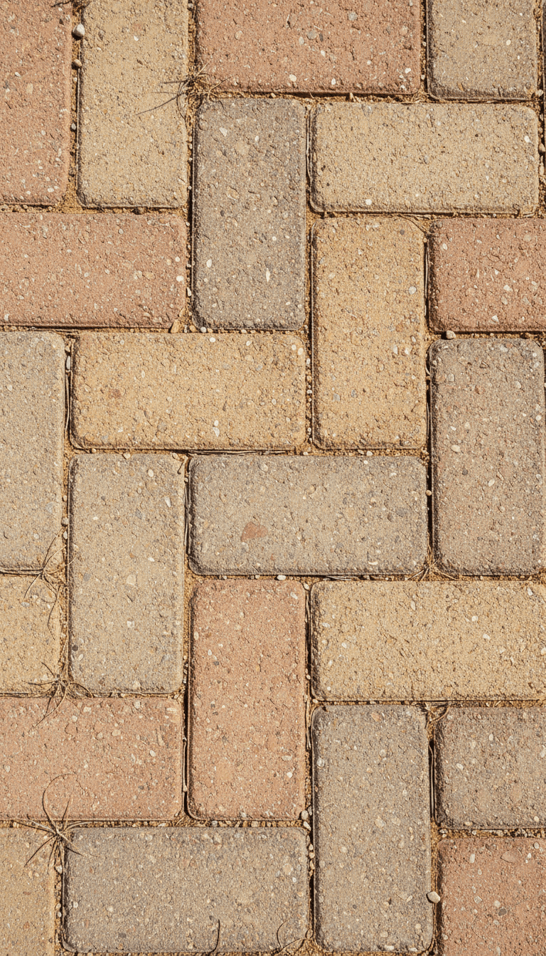 Interlocking concrete pavers in different sizes laid on desert ground