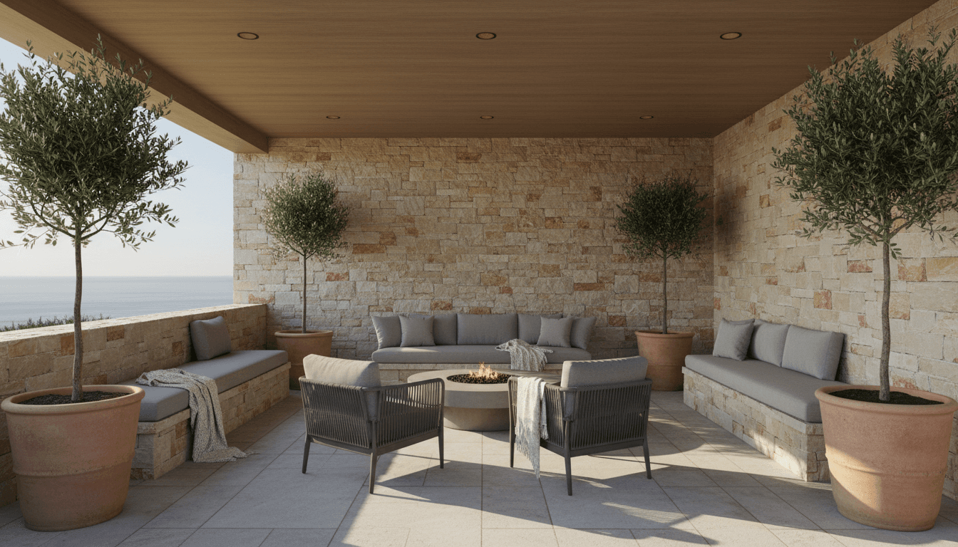 Covered patio with ledgestone sitting wall and lounge furniture in morning light