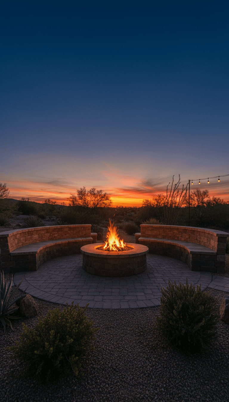 Stone fire pit with built-in seating at dusk