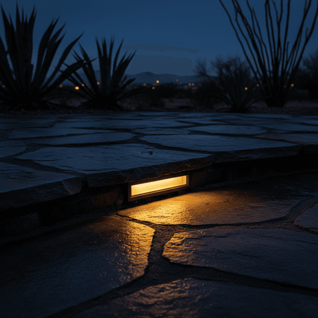 Integrated patio lighting detail at dusk