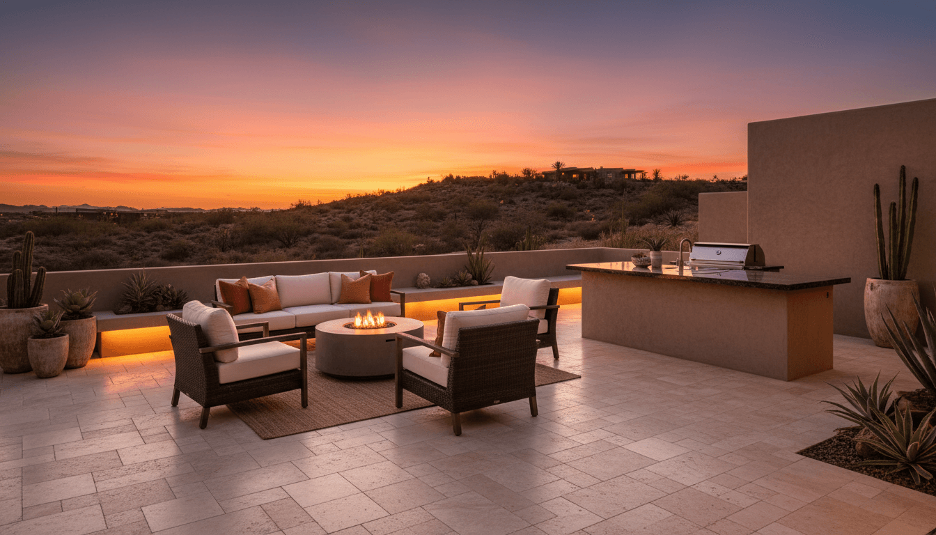 Modern travertine paver patio with outdoor furniture at dusk in Palm Desert