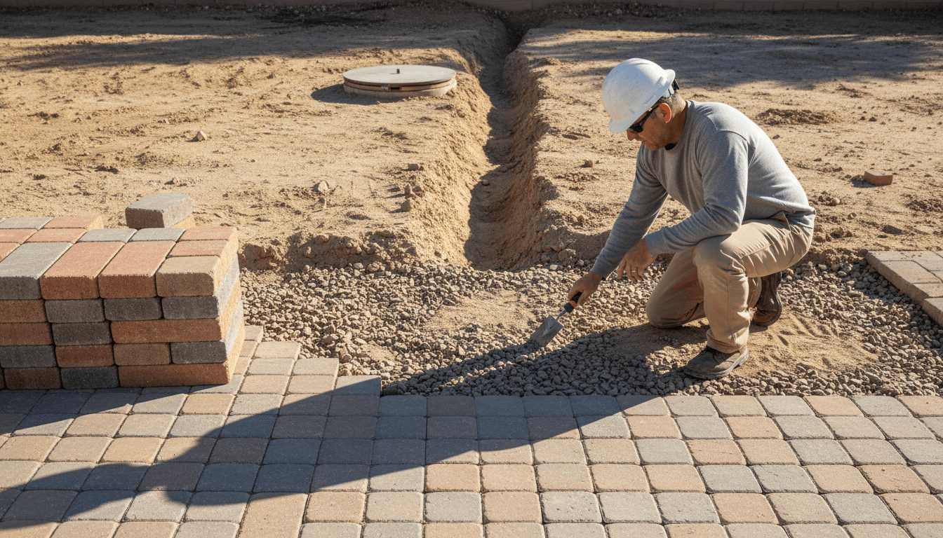 Contractor inspecting the base layers of a permeable paver installation in Palm Desert