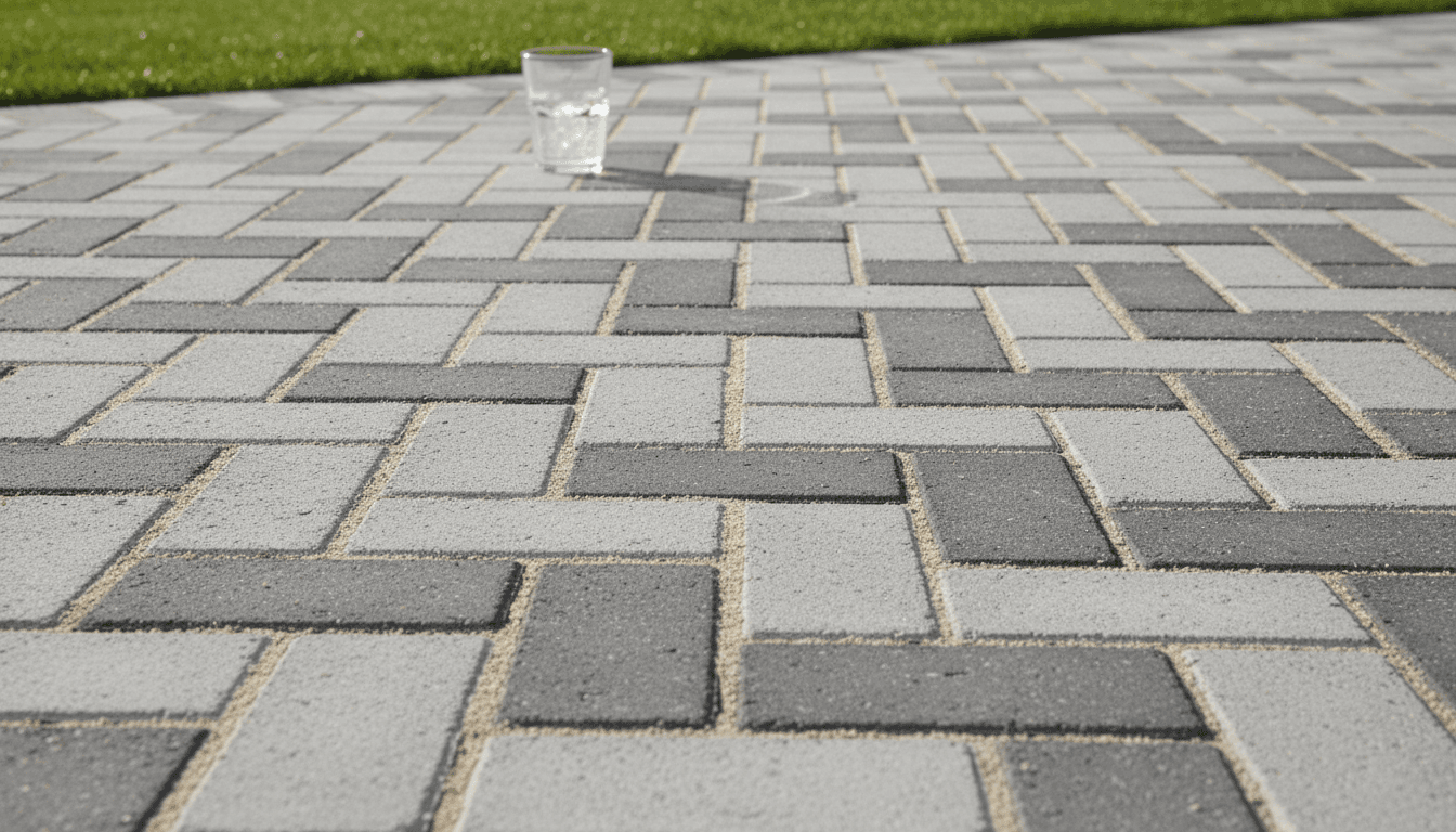 Close-up of clean interlocking pavers on patio with fresh joint sand