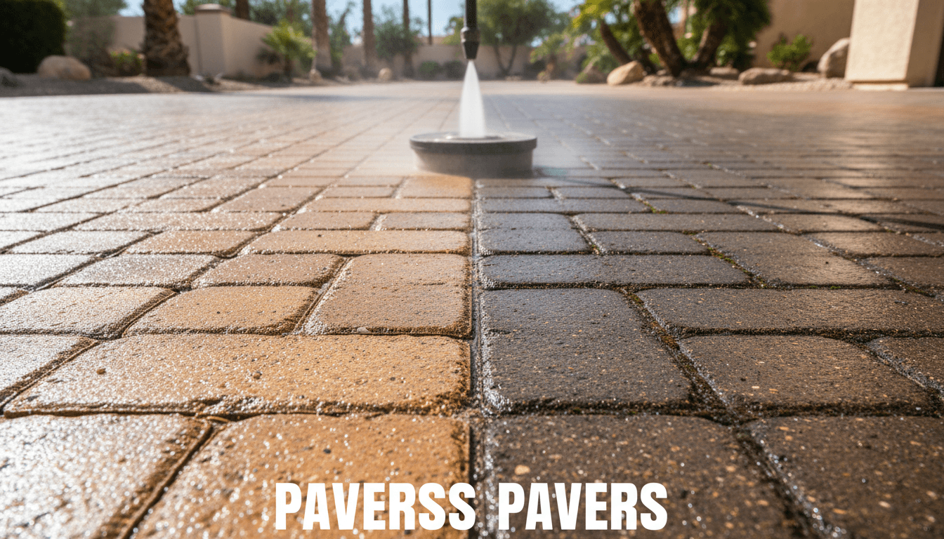 Close up showing half cleaned paver surface beside dark grimy section