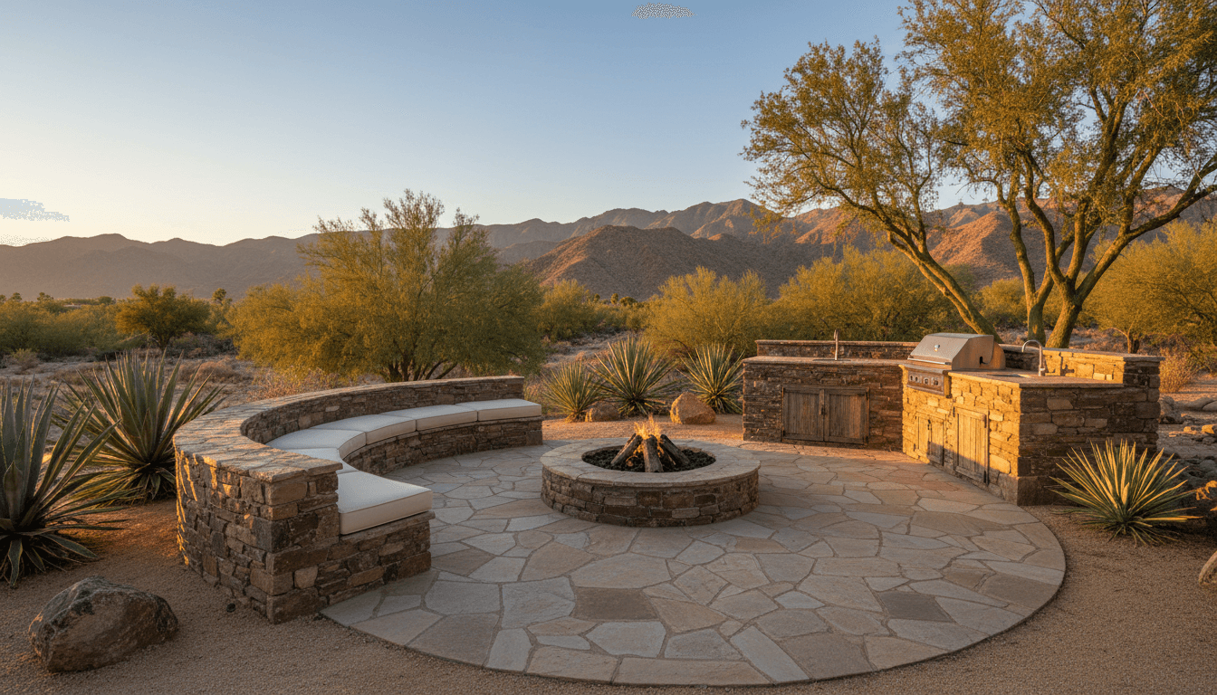 Desert paver patio with built-in seating and outdoor kitchen at golden hour