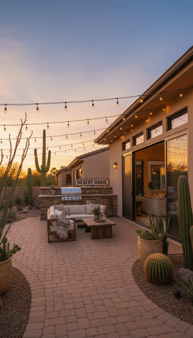 Paver patio with outdoor kitchen at dusk in Palm Desert
