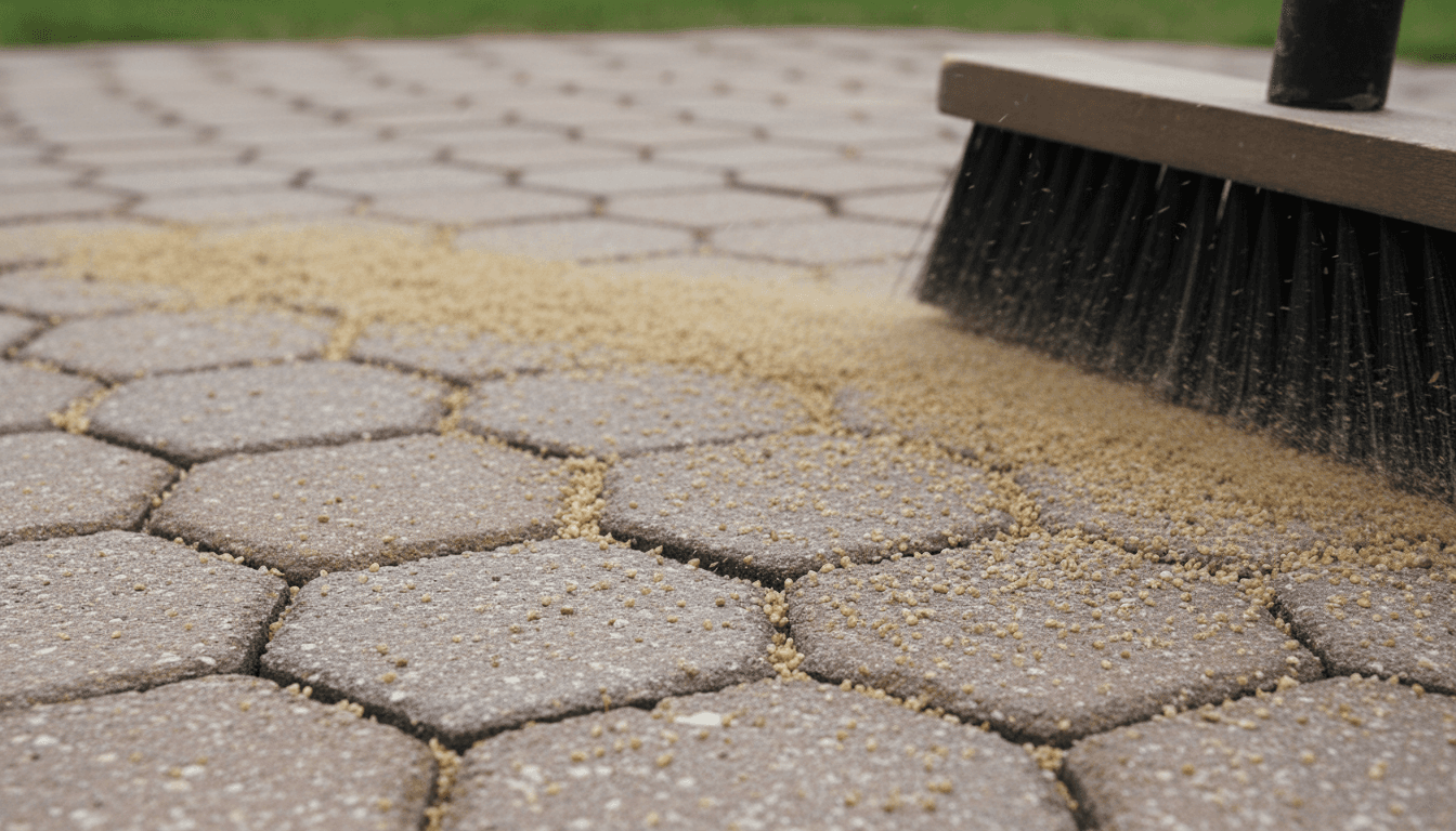 Close up of paver joint sand being swept into cracks