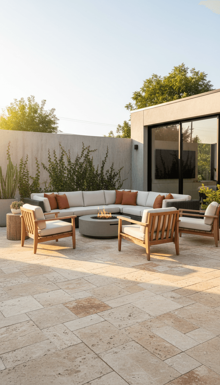 Modern stone patio with travertine pavers