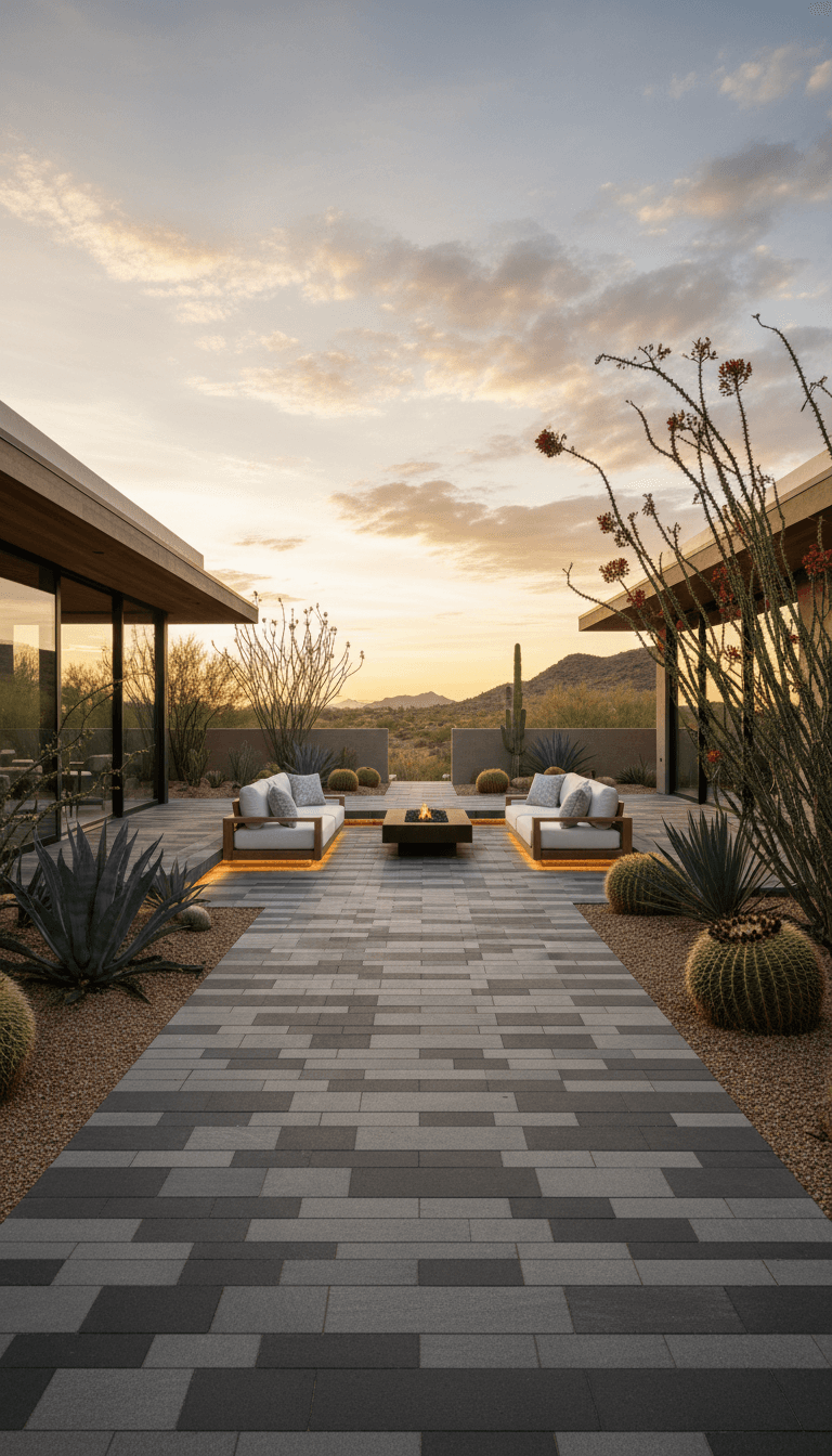 Outdoor patio with long rectangular pavers and desert planting