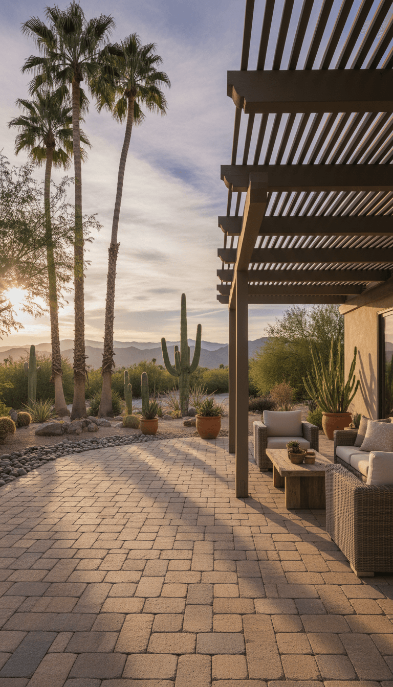 Shaded paver patio in Palm Desert with desert landscaping