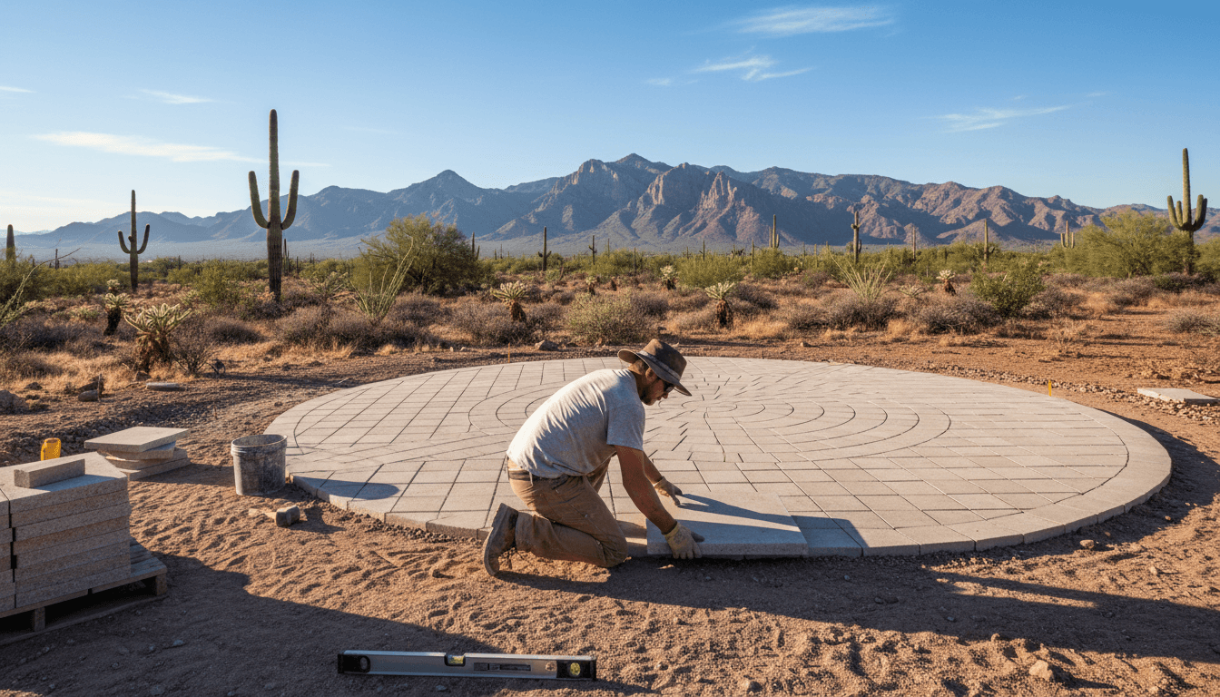 Worker laying concrete pavers for a desert patio installation