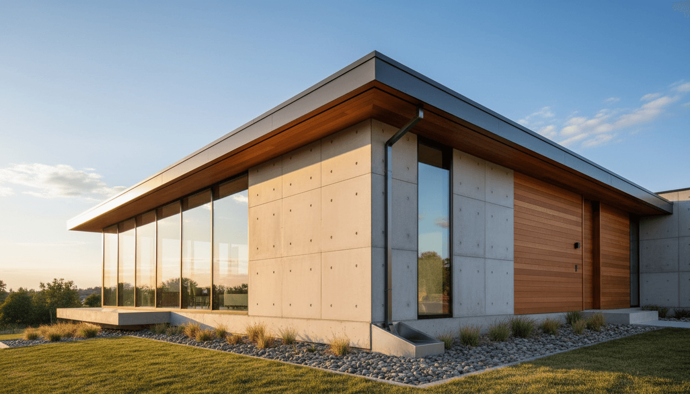 Modern home exterior with clean gutter system and downspout directing water away from foundation