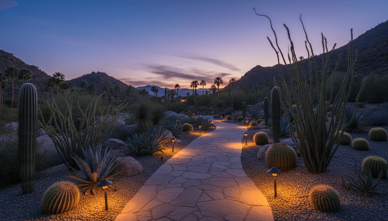 Low-voltage landscape lights illuminating a stone walkway at dusk in Palm Desert