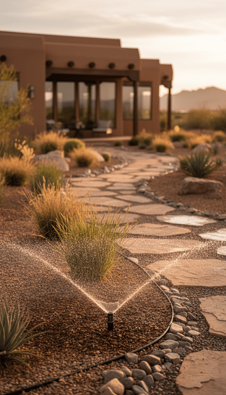 Irrigation system watering a drought-tolerant desert garden at dusk